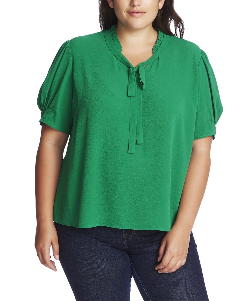 Front of plus size Harper Short Sleeve V-Neck Ruffled Top by CeCe | Dia&Co | dia_product_style_image_id:169793